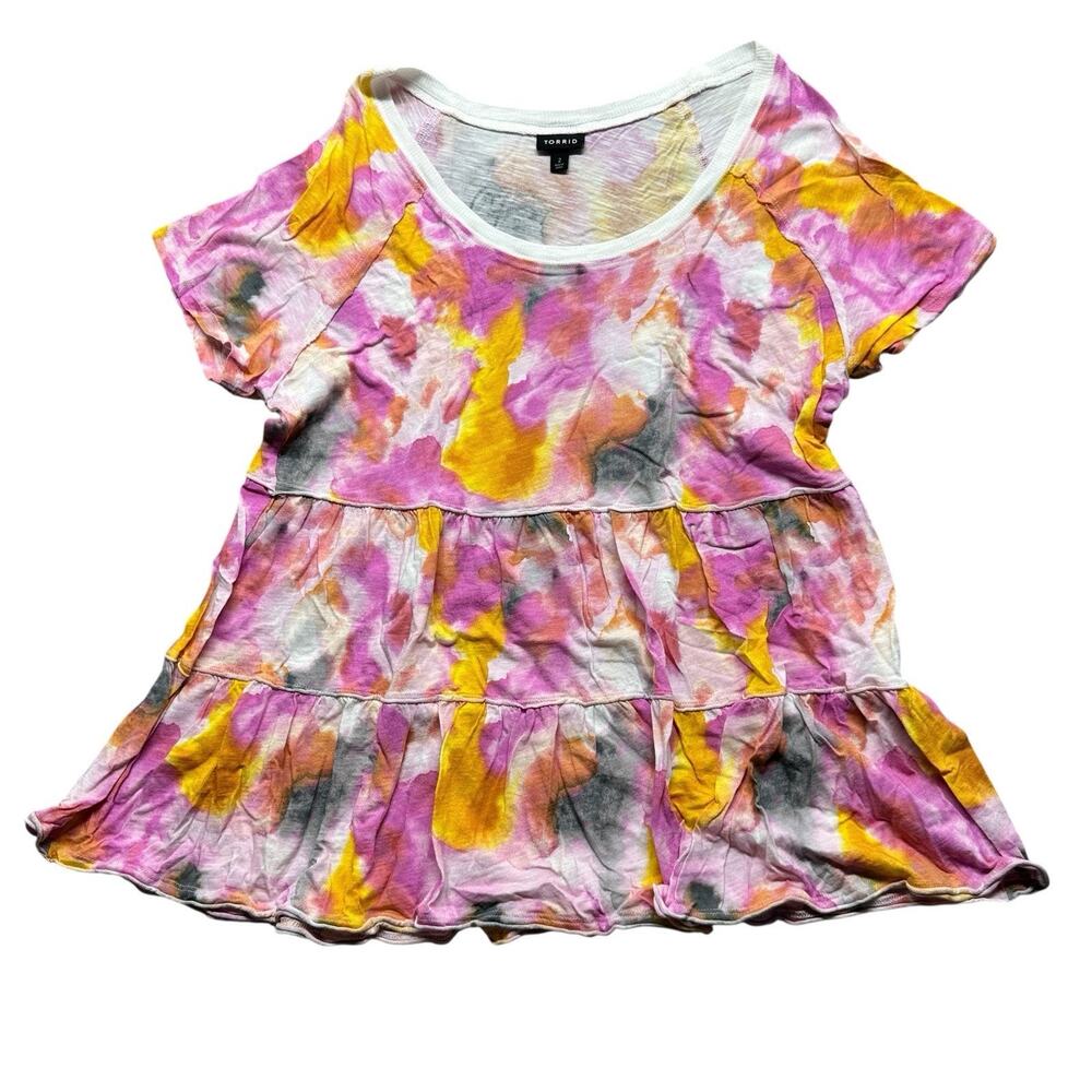 Torrid Top Tee Shirt Womens Plus 2 Sz 2X Tiered Watercolor Pastel Short Sleeve